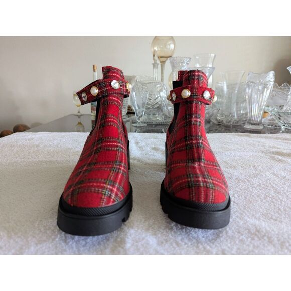 Sugar Favorite 4 plaid combat/ankle rhinestone/pearl strap boot Sz 8M - Picture 8 of 10